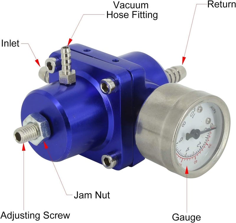 BARTOO Universal Adjustable Fuel Pressure Regulator Kit, Aluminum Fuel Regulator,Adjustable Gas Oil Injection Pressure Regulator with 0-140 PSI Gauge -Blue - Image 4
